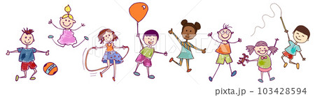 Diversity group of happy sweet kids in action playing and jumping. Kindergarten. Preschool. Funny active and joyful smiling children with cute clothes. Stylized drawing. Vignetting ink 103428594
