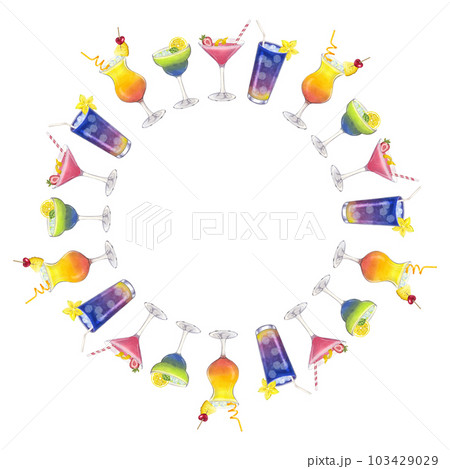 Round frame of colorful beach cocktails, Tequila Sunrise Cosmopolitan Daiquiri Martini. Hand drawn watercolor illustration isolated on white background. For bar restaurant menu Round frame of colorful beach cocktails, Tequila Sunrise Cosmopolitan Daiquiri Martini. Hand drawn watercolor illustration isolated on white background. For bar restaurant menu 103429029