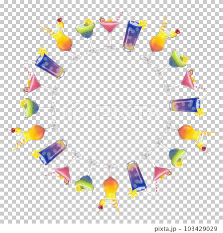 Round frame of colorful beach cocktails, Tequila Sunrise Cosmopolitan Daiquiri Martini. Hand drawn watercolor illustration isolated on white background. For bar restaurant menu Round frame of colorful beach cocktails, Tequila Sunrise Cosmopolitan Daiquiri Martini. Hand drawn watercolor illustration isolated on white background. For bar restaurant menu 103429029