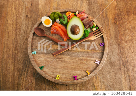 Intermittent fasting. Healthy breakfast, diet food concept. Organic meal. Fat loss concept. Intermittent fasting. Healthy breakfast, diet food concept. Organic meal. Fat loss concept. 103429043