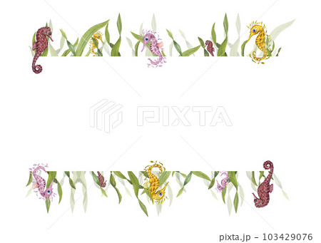 Watercolor frame in marine style isolated on white background. Illustration of weed and seahorses for postcard design, for greeting card, poster, background, invitation template 103429076