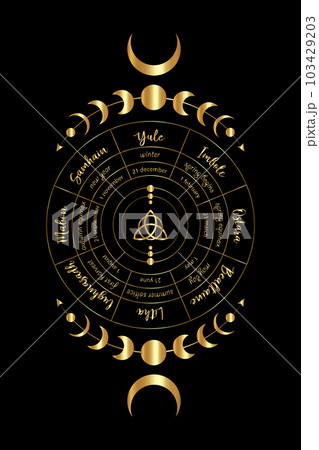 gold wheel of the Year is an annual cycle of seasonal festivals. Wiccan calendar and holidays. Compass with in the middle Triquetra symbol from charmed celtic. Vector isolated on black background gold wheel of the Year is an annual cycle of seasonal festivals. Wiccan calendar and holidays. Compass with in the middle Triquetra symbol from charmed celtic. Vector isolated on black background 103429203