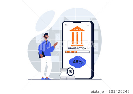 Payment web concept with character scene. Man using online banking and making transactions with credit card. People situation in flat design. Illustration for social media marketing material. 103429243
