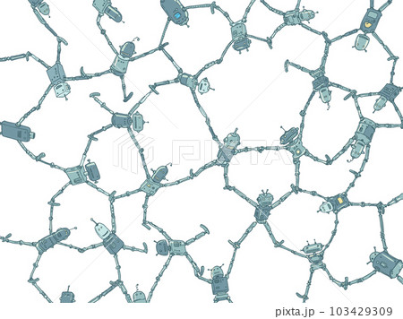 Communication of artificial intelligence between its parts. Robotic data protection. neural networks Many laboring robots hold each other limbs. 103429309
