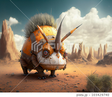 Enigmatic Futuristic Creature, Robotic Triceratops in Desert 103429740