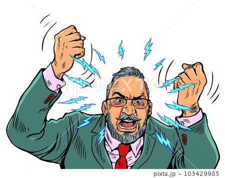 Bad company management. Report employees. Customer dissatisfaction. An adult man in glasses and a suit screams with his hands up. Pop Art Retro 103429985