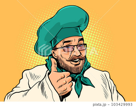 Chefs recommendation. Logo for a restaurant. A man with a beard and glasses in the form of a cook shows a thumbs up. Pop Art Retro 103429993