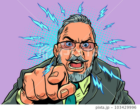 Bad company management. Report employees. Customer dissatisfaction. An adult man in glasses screams and waits. Pop Art Retro 103429996