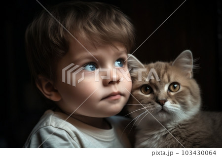 A child plays with a cute ginger cat. Bambino cat. Generative AI A child plays with a cute ginger cat. Bambino cat. Generative AI 103430064
