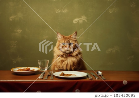 Cute cat sitting at the table with food and drinks. Generative AI 103430095