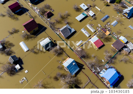 Aerial view of the flooded suburban areas during the spring flood 103430185