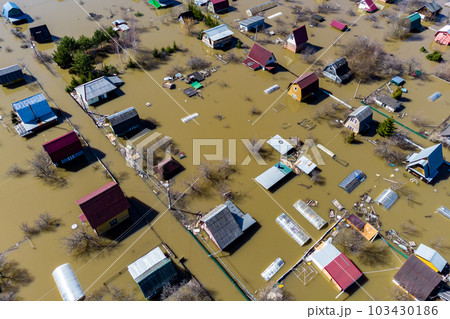 Aerial view of the flooded suburban areas during the spring flood 103430186