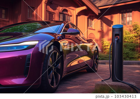 Electric car at charging station near luxury house. Generative AI Electric car at charging station near luxury house. Generative AI 103430413