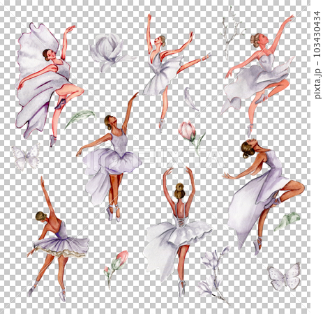 Watercolor dancing ballerina with butterfly set. Lilac dresss ballerina. Picture for poster, invitation, postcard, background and posters 103430434