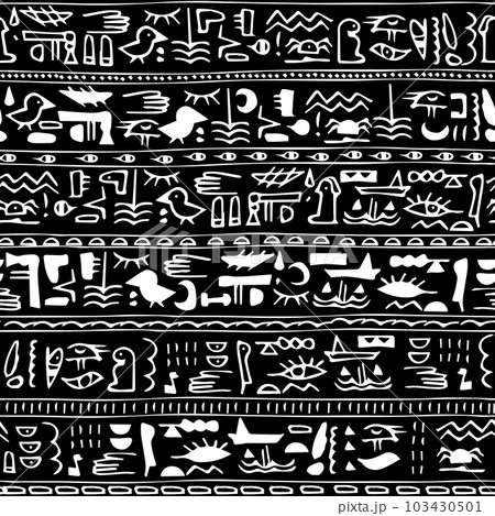 Black-white vintage striped seamless pattern egyptian pattern with ethnic and tribal theme motifs. Ink retro drawing for textile, fabric, notebook covers, clothes 103430501