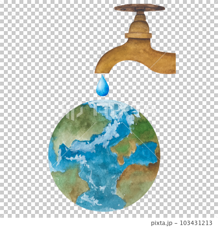 Water faucet waters the sprout. Watercolor illustration about the conservation of water resources on the theme of protection of nature, earth day, environmental protection. 103431213