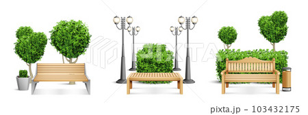 Realistic Wooden Park Benches Composition Set 103432175