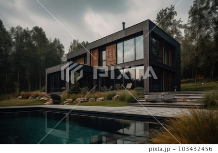Design house - modern villa with open plan living and private bedroom wing. Large terrace with privacy and, swimming pool. Generative AI. 103432456