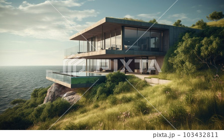 Design house - modern villa with open plan living and private bedroom wing. Large terrace with privacy and, swimming pool. Generative AI. Design house - modern villa with open plan living and private bedroom wing. Large terrace with privacy and, swimming pool. Generative AI. 103432811