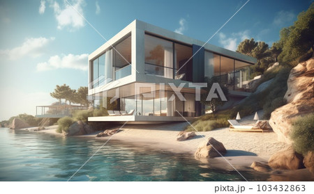 Design house - modern villa with open plan living and private bedroom wing. Large terrace with privacy and, swimming pool. Generative AI. 103432863