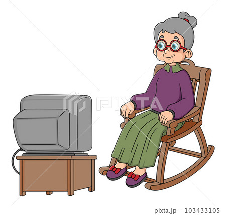 Old woman sitting in an rocking chair and watching TV 103433105