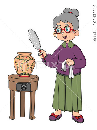 old Woman Housewife Wiping The Dust Of Vase with Brush old Woman Housewife Wiping The Dust Of Vase with Brush 103433116