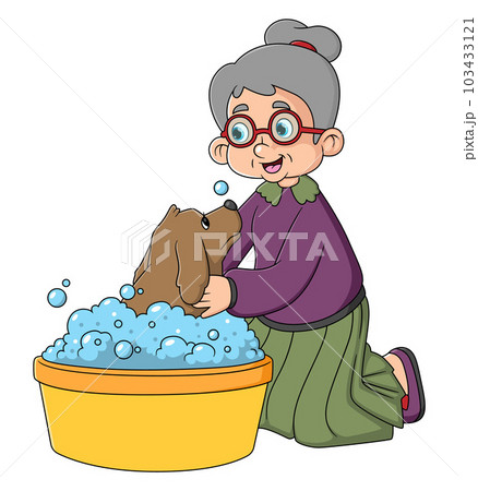 Happy grandmother bathing a dogのイラスト素材 [103433121] - PIXTA