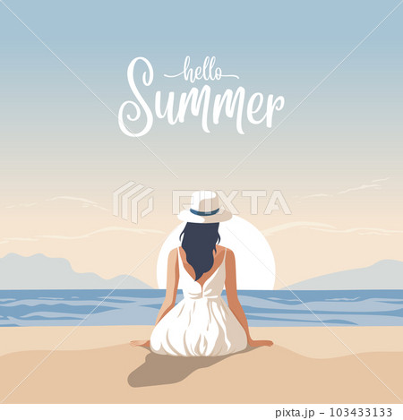 Vector Flat Young Tourist Woman Sitting on the Beach, Enjoying the Resort, Relaxing on Seaside Sand Beach in Summer Season, Back View. Hello Summer Concept. Blue Ocean Scenic View Background Vector Flat Young Tourist Woman Sitting on the Beach, Enjoying the Resort, Relaxing on Seaside Sand Beach in Summer Season, Back View. Hello Summer Concept. Blue Ocean Scenic View Background 103433133
