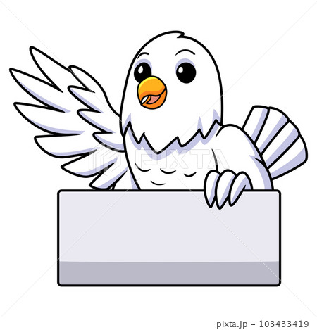 Cute white love bird cartoon holding blank sign Cute white love bird cartoon holding blank sign 103433419