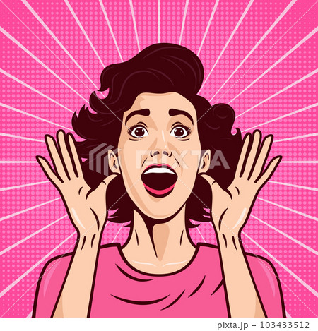 Vector Banner with Woman, Wow Face, Holding Hands, Arms, Palms Near Her Cheeks in Pop Art Comic Style. Pink Color. Advertising Poster for Sale, Discount Placard, Flyer Card. Beautiful Surprised Woman 103433512
