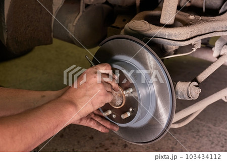 Changing brake rotor disc on a car 103434112