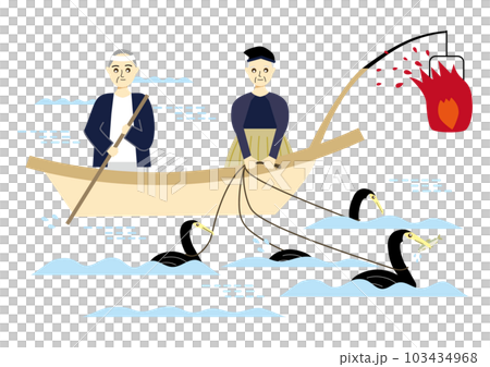Cormorant fishing, cormorant fisher and boatman, with faces 103434968