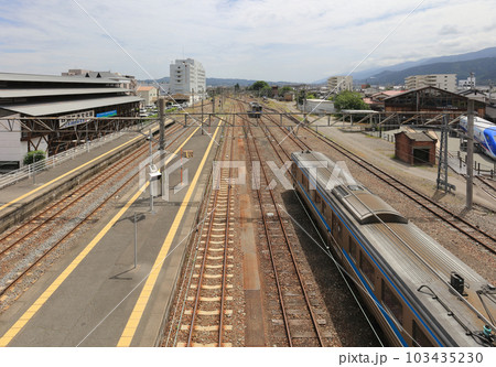 JR伊予西条駅の跨線橋から上り方向を見る(左右に四国鉄道文化館の北館と南館) JR伊予西条駅の跨線橋から上り方向を見る(左右に四国鉄道文化館の北館と南館) 103435230