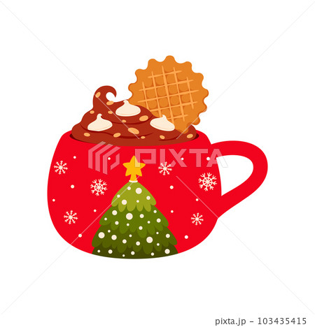 Cartoon Christmas cup with chocolate and cookies, mug with New Year fir spruce tree print. Vector cup with ice cream and ginger cookies Cartoon Christmas cup with chocolate and cookies, mug with New Year fir spruce tree print. Vector cup with ice cream and ginger cookies 103435415