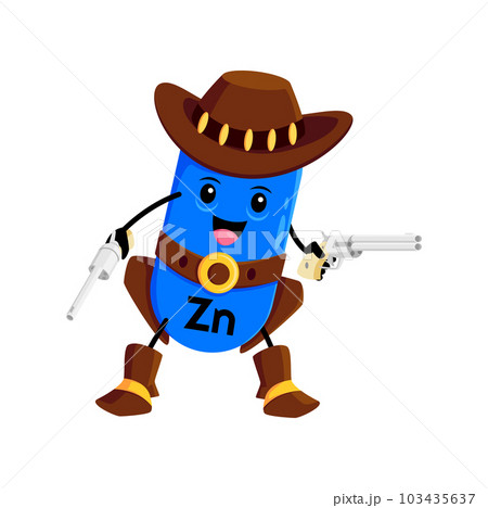 Cartoon Zn micronutrient cowboy, ranger, sheriff and bandit character equipped with guns. Vector western personage capsule reminding the significance of zinc in diet, zincum supplement, fortified food 103435637