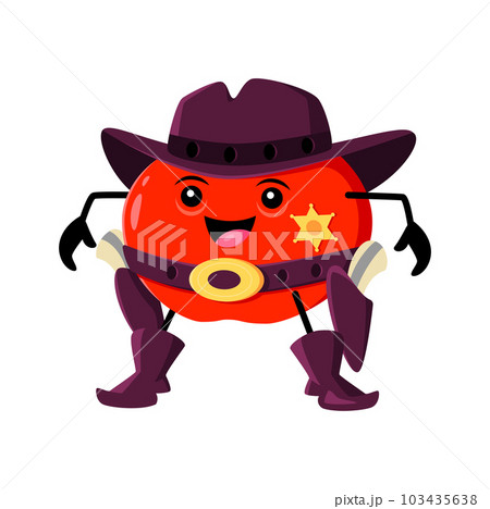 Cartoon red apple fruit cowboy, sheriff and ranger character wear hat with badge. Vector fruity vintage police officer with guns on belt exudes fun and playful vibe for promoting apple-themed products Cartoon red apple fruit cowboy, sheriff and ranger character wear hat with badge. Vector fruity vintage police officer with guns on belt exudes fun and playful vibe for promoting apple-themed products 103435638