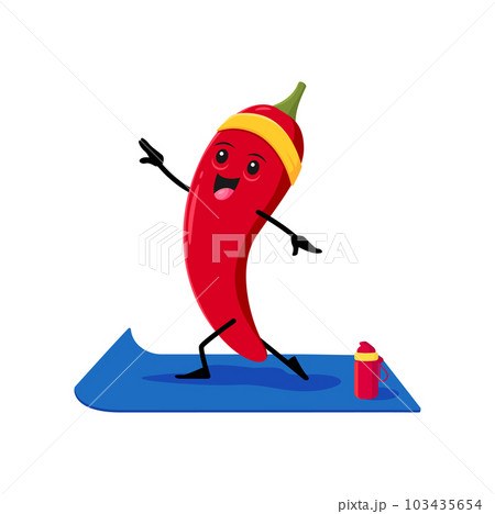 Cartoon red chili pepper vegetable character on yoga fitness sport. Isolated vector happy jalapeno personage stand in asana pose on mat. Yogi pepper in headband, natural healthy spicy food exercising Cartoon red chili pepper vegetable character on yoga fitness sport. Isolated vector happy jalapeno personage stand in asana pose on mat. Yogi pepper in headband, natural healthy spicy food exercising 103435654