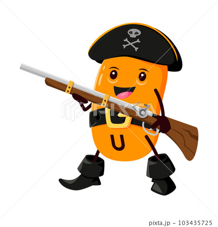 Cartoon vitamin U, micronutrient pirate or corsair character. Isolated vector smethylmethionine rover capsule. Funny and unique food supplement buccaneer with gun wear cocked hat Cartoon vitamin U, micronutrient pirate or corsair character. Isolated vector smethylmethionine rover capsule. Funny and unique food supplement buccaneer with gun wear cocked hat 103435725