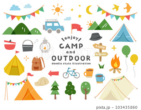 キャンプ・アウトドアのイラストセット　テント　レジャー　キャンプ場　シンプル　自然　旅行　休暇　山 103435860