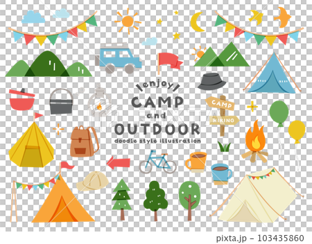 キャンプ・アウトドアのイラストセット　テント　レジャー　キャンプ場　シンプル　自然　旅行　休暇　山 103435860