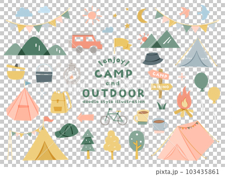 キャンプ・アウトドアのイラストセット テント レジャー キャンプ場 シンプル 自然 旅行 休暇 山 キャンプ・アウトドアのイラストセット テント レジャー キャンプ場 シンプル 自然 旅行 休暇 山 103435861