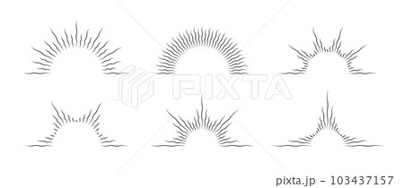 Half curved sunburst frame set. Vintage sunrise and sunset collection. Warped half circle sunlight rays pack. Retro sunbeams design element for logo, labels, badges, banners. Vector bundle 103437157