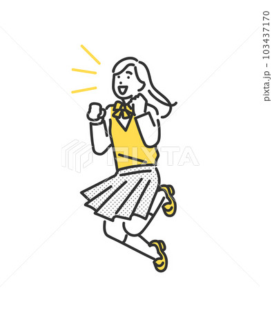 ポジティブな表情でガッツポーズをしながらジャンプする女子学生のイメージイラスト素材 103437170
