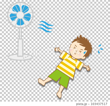 A boy lying sprawled in front of an electric fan and cooling off 103437517