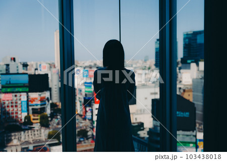 ビルの中から外を眺めるシルエットの女子大生 ビルの中から外を眺めるシルエットの女子大生 103438018