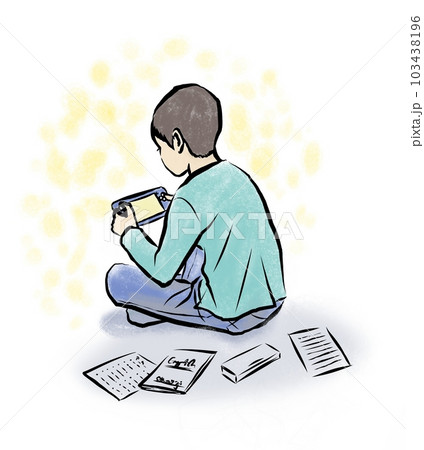 勉強を後回しにしてゲームをする男の子 イラスト 勉強を後回しにしてゲームをする男の子 イラスト 103438196