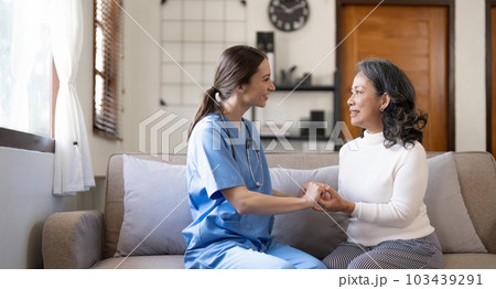 Nurse, hands and senior patient in empathy, safety and support of help, trust and healthcare consulting. Nursing home, counseling and gratitude for medical caregiver, client and hope in consultation Nurse, hands and senior patient in empathy, safety and support of help, trust and healthcare consulting. Nursing home, counseling and gratitude for medical caregiver, client and hope in consultation 103439291