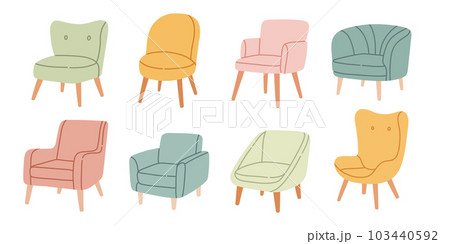 Armchair set, trendy scandinavian chairs isolated on white background. Comfortable armchair and stylish stool bundle. 103440592