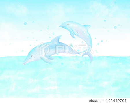 イルカ　絵 2匹のイルカが青い海でジャンプする爽やかな水彩イラスト。のイラスト