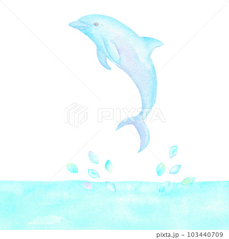 水しぶきをあげてジャンプするかわいいイルカの水彩イラスト。の